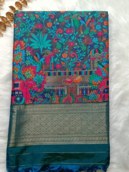 AA15 Peacock Blue Handloom Smooth Banarasi Saree.