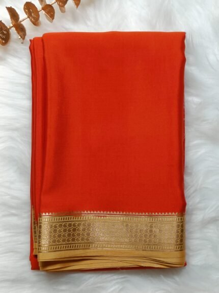 AA66- Orange Mysore Silk Saree with Golden Zari Border & Pallu | Traditional South Indian Saree