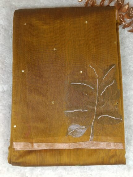 AA87-Elegant Mustard Moonga Silk Handwork Saree with Silver Zari