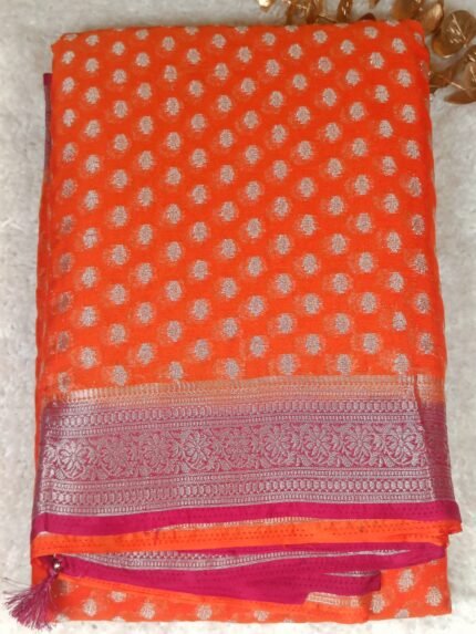AA89-Elegant Orange & Pink Georgette Dollar Buti Saree