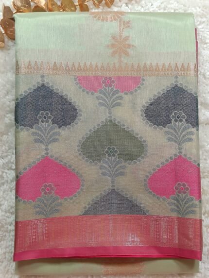 AA106 - Elegant Mint Green & Pink Banaras Katan Silk Saree