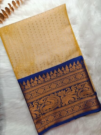 AA118 - Elegant Yellow and Blue Mangalagiri Handloom Silk Saree