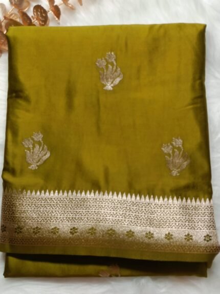 AA42-Olive Green Mashru Satin Saree