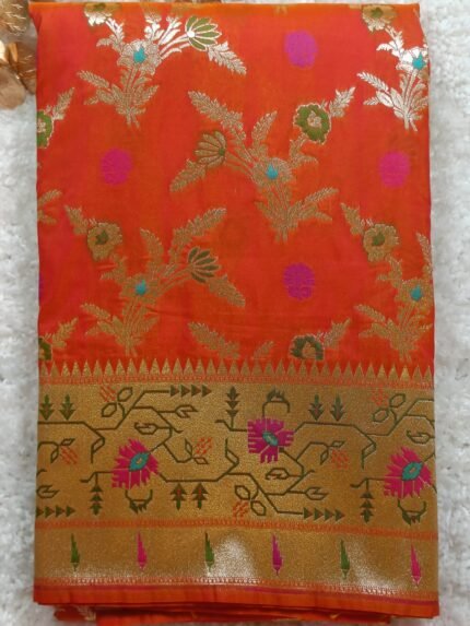 AA74-Radiant Orange Banaras Premium Katan Tilfi Silk Saree