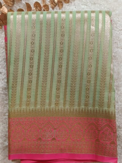 AA80-Elegant Mint Green & Pink Banarasi Organza Saree