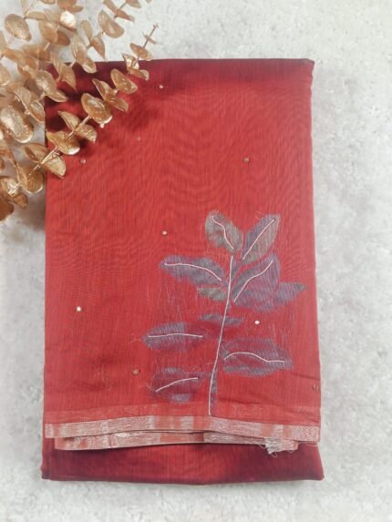 AA86-Elegant Red Moonga Handwork Saree