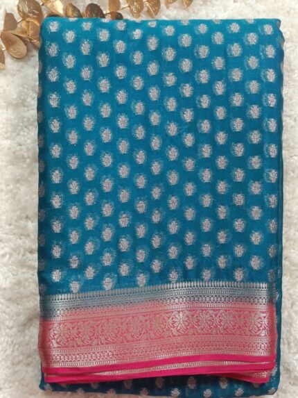 AA88-Blue Georgette Dollar Buti Saree with Pink Zari Border