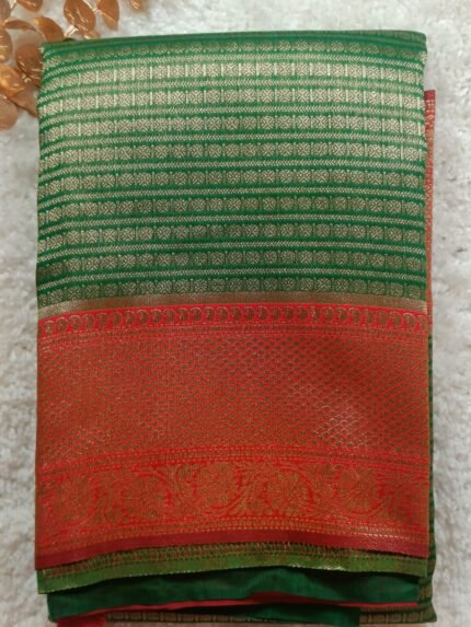 AA90-Green and Red Banaras Soft Katan Silk Saree