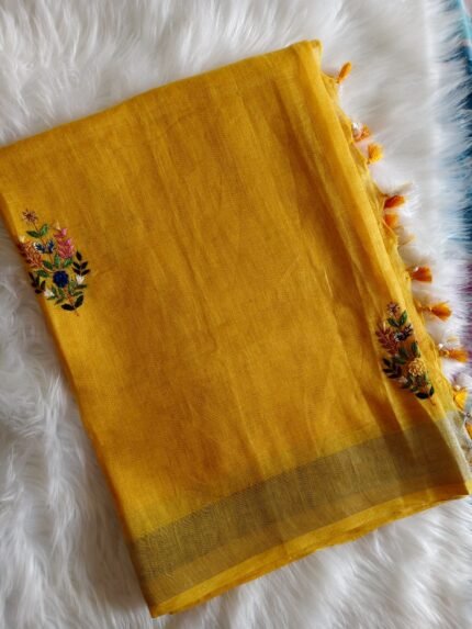 AA120-Pure Linen Mustard Yellow Saree with Exquisite Hand Embroidery and Silver Zari Border