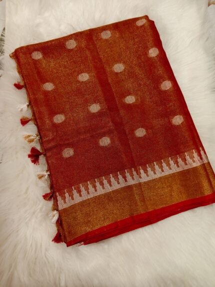 AA121 Elegant Pure Linen Tissue Saree – Copper Brown with Silver Zari Accents
