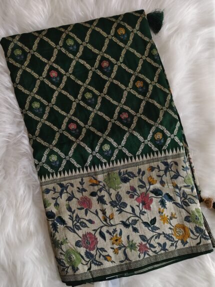 AA122 Elegant Dark Green Banarasi Silk Saree with Floral Jaal Border and Intricate Zari Weaving