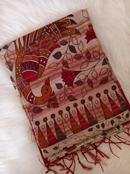 AA126 CHANDERI SILK KALAMKARI PRINK SAREE