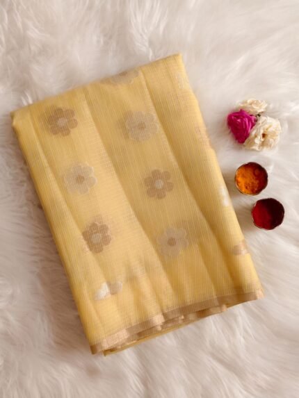 AA1001 Yellow Kota Silk Saree with Delicate Floral Woven Motifs