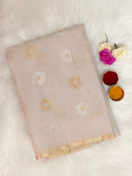 AA102 Cream Kota Silk Saree with Delicate Floral Woven Motifs