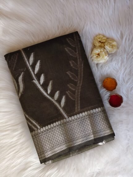 AA1007 Dark Olive Kota Silk Saree with Silver Zari Floral Weave