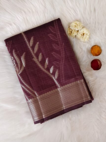 AA1008 Deep Wine Kota Silk Saree with Silver And Gold Zari Floral Weave