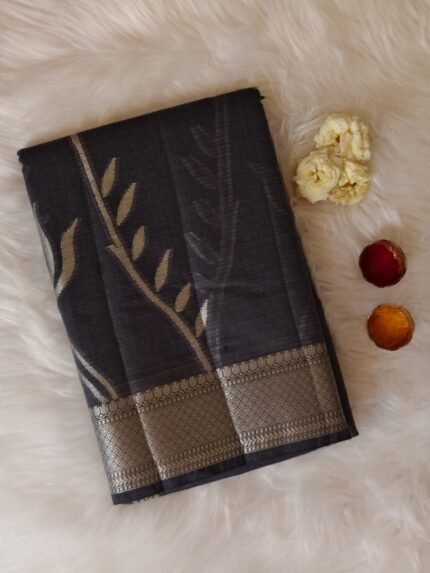 AA1009 Charcoal Grey Kota Silk Saree with Silver Zari Floral Weave