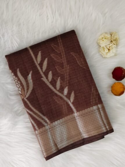 AA1011 Dark Brown Kota Silk Saree with Silver Zari Floral Weave