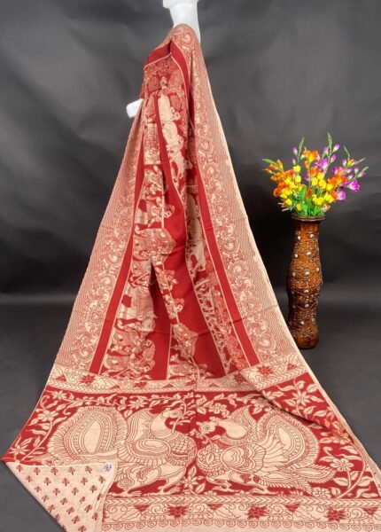 AA1013 Classic Red Kalamkari Saree with Traditional Artistic Border