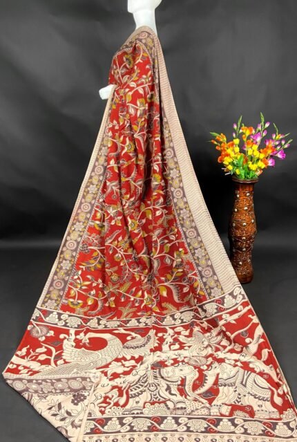AA1017 Elegant Red Kalamkari Cotton Saree with Majestic Bird Pallu
