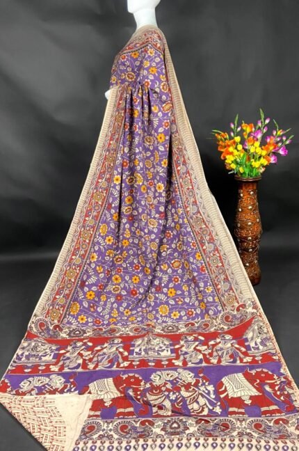 AA1018 Royal Purple Kalamkari Cotton Saree with Traditional Folk Art Border