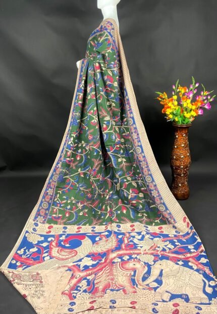 AA1012 Elegant Green Kalamkari Printed Saree with Artistic Border