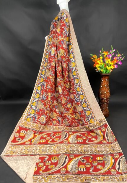 AA1016Traditional Red Kalamkari Cotton Saree with Artistic Temple Border