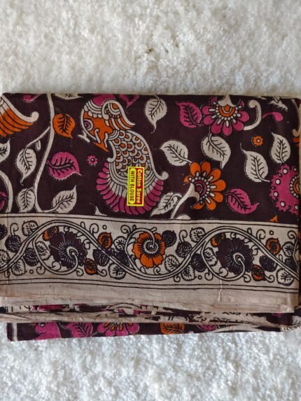 AA1014 Elegant Brown & Pink Kalamkari Cotton Saree with Peacock Motifs