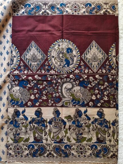 AA1015 Royal Blue & Maroon Kalamkari Cotton Saree with Mythological Art