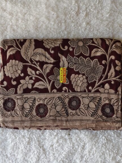 AA1019Maroon Kalamkari Printed Saree with Traditional Border & Floral Design
