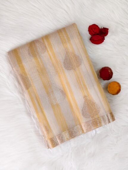 AA1024 Cream & Orange Kota Doria Cotton Silk Saree with Elegant Woven Butta Design