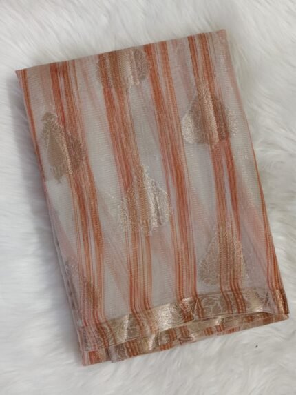 AA1020 Elegant Peach Kota Saree with Zari Stripes & Rich Border