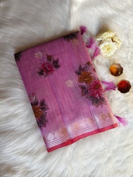 AA1025 Rose Pink Kota Doria Cotton Silk Saree with Floral Print & Zari Border