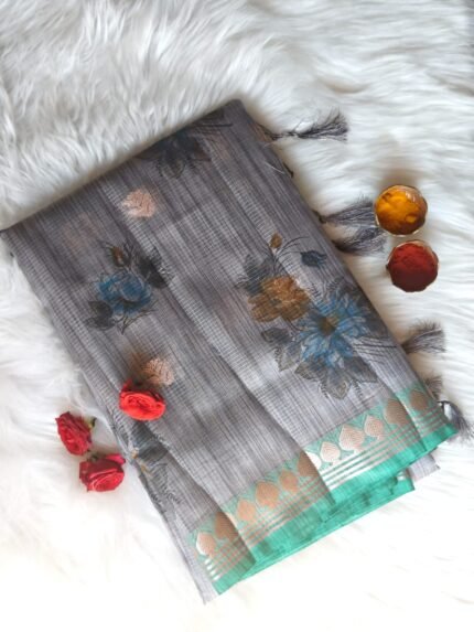 AA1026 Steel Grey Kota Doria Cotton Silk Saree with Floral Print & Contrast Zari Border