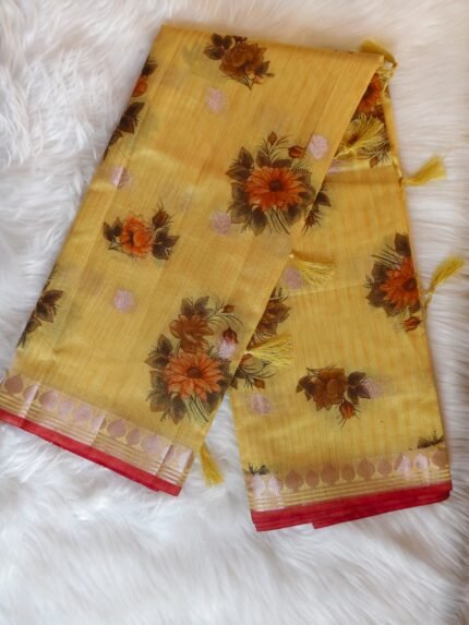 AA1027 Mustard Yellow Kota Doria Cotton Silk Saree with Floral Print & Contrast Border
