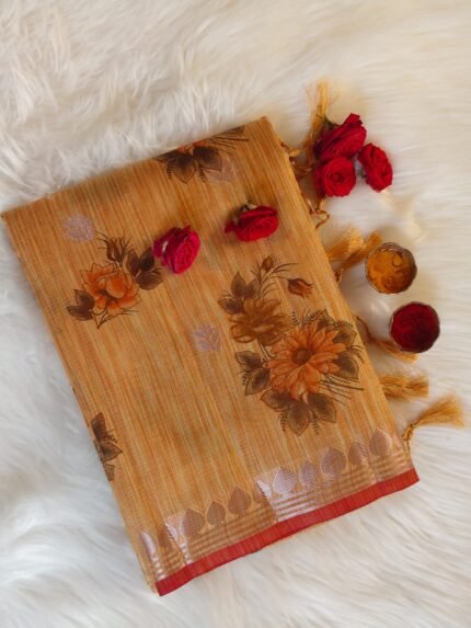 AA1028 Mustard Beige Kota Doria Cotton Silk Saree with Floral Print & Zari Border