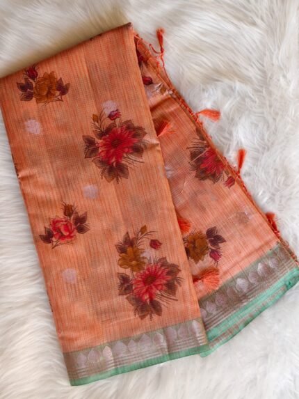 AA1029 Premium Peach Kota Doria Floral Printed Saree with Zari Border