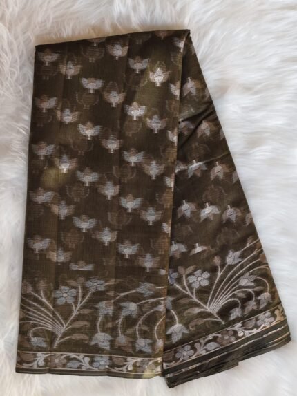 AA1031 Elegant Olive Green Kota Doria Saree with Zari Weaving