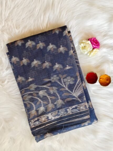 AA1034 Elegant Navy Blue Kota Doria Saree with Woven Floral Motifs
