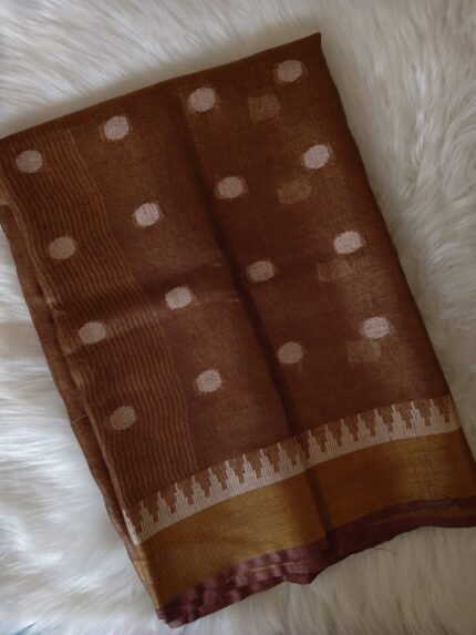 AA1036 Elegant Brown Linen Tissue Saree with Polka Butta Design