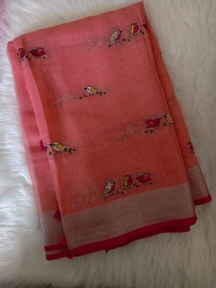 AA1037 Pure Linen Handwork Saree with Bird Motif Embroidery