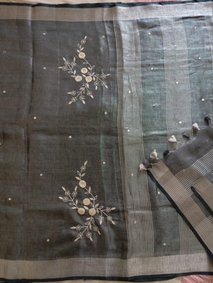 AA1038 Elegant Grey Kota Tissue Saree with Floral Handwork Motifs