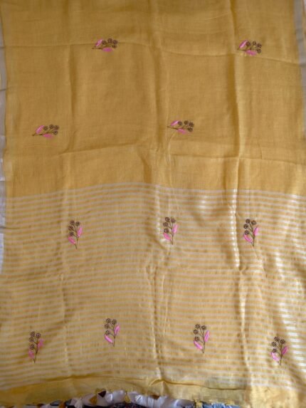 AA1039 Pure Organic Linen Handwork Saree in Mustard Yellow