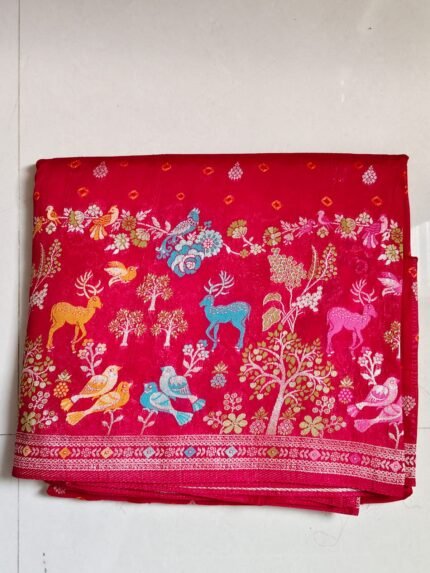 AA1044Elegant Red Banarasi Art Silk Saree with Multicolor Meenakari Animal & Floral Weaving